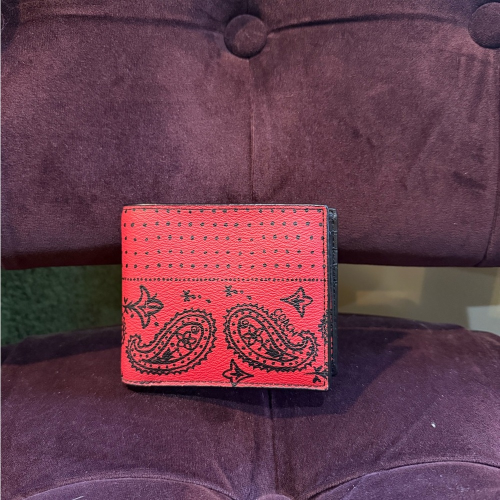 Coach Charles Red and Black Bandana Print Wallet